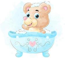 mignon doodle un ours prenant un bain avec illustration aquarelle vecteur