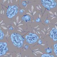 modèle sans couture avec des fleurs de pivoines bleues, avec des feuilles grises sur un fond gris foncé. illustration vectorielle vecteur