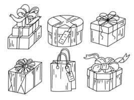 coffrets cadeaux avec des arcs et un sac cadeau dans un style doodle dessiné à la main. présente la collection. éléments de conception graphique pour la publicité, le dépliant, l'affiche, la vente de la boutique en ligne. illustration vectorielle. vecteur