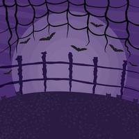 joyeux halloween illustration vectorielle de paysage sombre. pleine lune effrayante dans le ciel, chats et chauves-souris volantes. vecteur