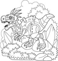 robot dinosaure drôle de bande dessinée, livre de coloriage pour enfants, illustration de contour vecteur