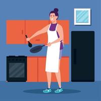 femme cuisine avec casserole vecteur