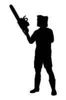 tueur avec scie à chaîne, chasseur avec vecteur de silhouette d'arme sur fond blanc, conception graphique de personnes pour le jour d'halloween.