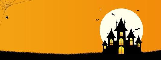 fond de bannière de modèle halloween heureux avec fond, design minimaliste avec le château, la chauve-souris, l'araignée web et la pleine lune sur fond de couleur orange vecteur