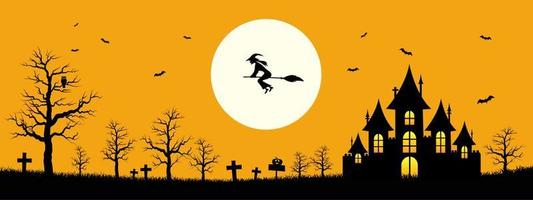 fond de bannière de modèle halloween heureux, conception avec le château, la sorcière, la chauve-souris et la pleine lune sur fond de couleur orange vecteur