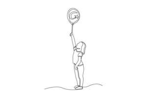 une seule ligne dessinant une jeune fille debout et tenant un ballon drapeau turc. concept de jour de la république de dinde. illustration vectorielle graphique de conception de dessin en ligne continue. vecteur