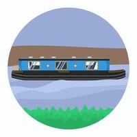 bateau de canal de vue latérale modifiable sur l'illustration vectorielle de l'eau bleue ondulée avec de l'herbe et de la terre dans le cadre du cercle pour l'élément d'illustration du transport ou des loisirs du royaume-uni ou de la conception liée à l'europe vecteur