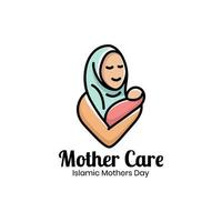 logo de soins de mère islamique musulman avec symbole de vecteur de bébé, maman embrasse son modèle de logo d'enfant pour l'événement de la fête des mères
