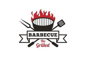 logo grillé de barbecue rustique rétro vintage, barbecue de fête de plats chauds, création de logo de timbre d'insigne de barbecue, grill et bar avec feu vecteur