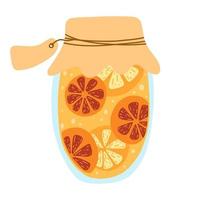 pot de confiture d'orange et de pamplemousse fait maison, fruits en conserve dans un style plat dessiné à la main. illustration vectorielle de bocal en verre avec aliments conservés, compote, marmelade. saison des récoltes d'automne vecteur