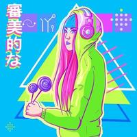 art conceptuel d'une fille en sweat à capuche vert portant des écouteurs sur un monde de réalité virtuelle. fond de science-fiction avec des triangles et des mots chinois. vecteur
