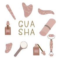 ensemble d'outils de massage gua sha. routine de beauté à domicile. grattoirs gua sha, huile pour le visage, rouleau de massage. produits de soins de la peau pour spa, concept de beauté. isolé sur fond blanc vecteur