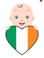 visage souriant d'un enfant, d'un bébé et d'un drapeau irlandais en forme de cœur. symbole du patriotisme, de l'indépendance, du voyage, de l'emblème de l'amour. vecteur