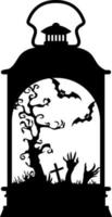 illustration sur la lanterne d'halloween. silhouette de lampe avec arbre effrayant, scène d'halloween vecteur