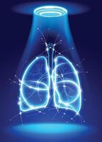 Illustration pulmonaire humaine 3d composée de courbes blanches brillantes sur fond bleu avec des points lumineux représentant la technologie médicale. vecteur