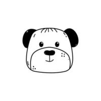style de doodle de visage de chien mignon dessiné à la main, illustration vectorielle isolée sur fond blanc. contour noir museau animal souriant, élément de design décoratif vecteur