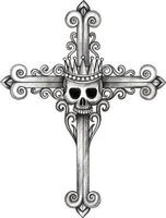 croix de crâne de roi de mélange vintage d'art. dessin à la main et faire du vecteur graphique.