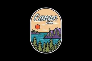 pin rond épinette à feuilles persistantes conifère mélèze cyprès sapin forêt avec lac ruisseau rivière badge emblème pour le rafting en plein air kayak ou canoë t-shirt logo design