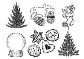 arbre de noël, mitaines, boule à neige, jeu de biscuits, illustration dessinée à la main vecteur