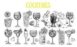 modèle de conception de menu de cocktails. cocktails alcoolisés dessinés à la main. vecteur