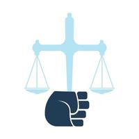 échelles de justice dans la conception de modèle de logo de main. concept de logo de justice de révolution. vecteur