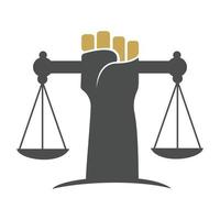 échelles de justice dans la conception de modèle de logo de main. concept de logo de justice de révolution. vecteur