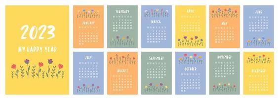 modèle de calendrier 2023. calendrier mensuel 2023 avec de jolies fleurs blanches mignonnes dans des couleurs tendance, style dessin animé. commence le lundi. un calendrier moderne pour le bureau, l'organisateur ou pour un cadeau. vecteur