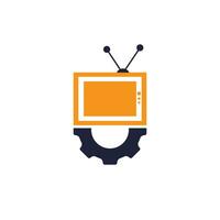 création de logo vectoriel d'équipement de télévision. logo de réparation de télévision. symbole ou icône de télévision et de mécanicien.