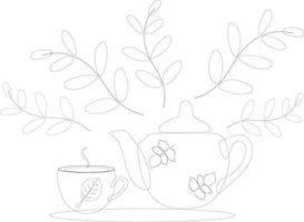 coloriage théière et une tasse de thé parmi les feuilles. vecteur. lignes noires et blanches. vecteur