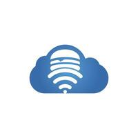 concept de conception de logo de nourriture en ligne. hamburger et signal wifi avec symbole ou icône de nuage. vecteur