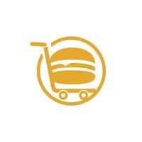 création de logo de hamburger et de chariot d'épicerie. conception d'icône de burger et de panier. vecteur