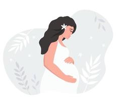 femme enceinte aux cheveux longs de profil. le concept de maternité, de santé, d'amour pour les enfants, de famille, de préparation à l'accouchement. graphiques vectoriels.