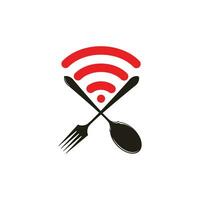 conception de logo de commande de nourriture en ligne de signal alimentaire. commandez de la nourriture sur internet, livraison de repas au restaurant café en ligne. vecteur