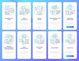 développement d'un ensemble d'écrans d'application mobile d'intégration de gradient bleu d'intégration des employés. instructions graphiques en 5 étapes avec des concepts linéaires. ui, ux, modèle d'interface graphique. vecteur