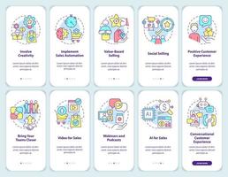 ensemble d'écrans d'application mobile d'intégration des tendances de vente. Procédure commerciale et commerciale Instructions graphiques modifiables en 5 étapes avec des concepts linéaires. ui, ux, modèle d'interface graphique. vecteur