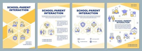 modèle de brochure jaune d'interaction avec les parents de l'école. conception de dépliant avec des icônes linéaires. 4 mises en page vectorielles modifiables pour la présentation, les rapports annuels. vecteur