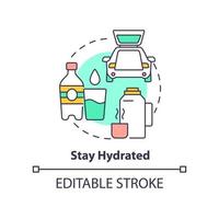 rester hydraté concept icône. boire beaucoup d'eau. astuce de voyage sur la route illustration de ligne mince idée abstraite. dessin de contour isolé. trait modifiable. vecteur