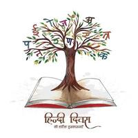 livre hindi diwas hindi indien sur fond d'alphabets ou de mots d'arbres vecteur