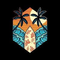 conception graphique de t-shirt de plage d'été de surf, ligne dessinée à la main avec couleur numérique, illustration vectorielle vecteur