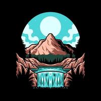 montagnes avec conception graphique de t-shirt de rivière, ligne dessinée à la main avec couleur numérique, illustration vectorielle vecteur