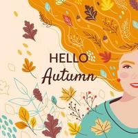 conception de carte postale avec une belle jeune fille rousse et l'inscription bonjour l'automne. profitez du concept d'automne. illustration vectorielle dans un style plat. vecteur