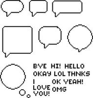 bulle de dialogue pixel art 8 bits sur fond blanc. signe de bulle de discours de pixel. bulles de pixels pour les messages. style plat. vecteur