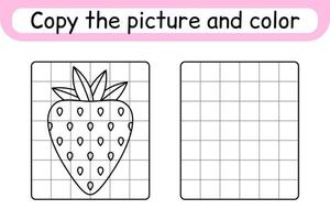 copier l'image et la couleur fraise. compléter le tableau. terminer l'image. livre de coloriage. jeu d'exercices de dessin éducatif pour les enfants vecteur