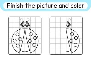 compléter l'image coccinelle. copier l'image et la couleur. terminer l'image. livre de coloriage. jeu d'exercices de dessin éducatif pour les enfants vecteur