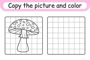 copiez l'image et coloriez l'amanite aux champignons. compléter le tableau. terminer l'image. livre de coloriage. jeu d'exercices de dessin éducatif pour les enfants vecteur