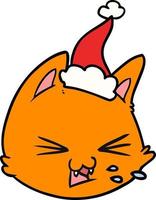 dessin au trait crachant d'un visage de chat portant un bonnet de noel vecteur