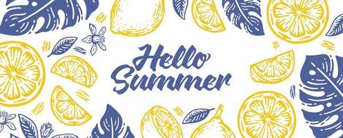 bonjour bannière d'été avec doodles citron et feuilles de monstera vecteur