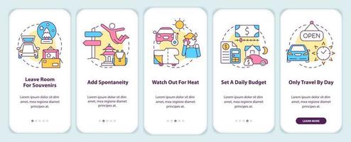 écran d'application mobile d'intégration de conseils de voyage sur la route. procédure pas à pas de voyage en voiture instructions graphiques modifiables en 5 étapes avec des concepts linéaires. ui, ux, modèle d'interface graphique. vecteur