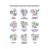 ensemble d'icônes de concept d'architecture durable. idée de théorie de la ville écologique illustrations en couleur de ligne mince. ressources naturelles. symboles isolés. trait modifiable. vecteur