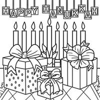 joyeux hanukkah présente et menorah coloriage vecteur